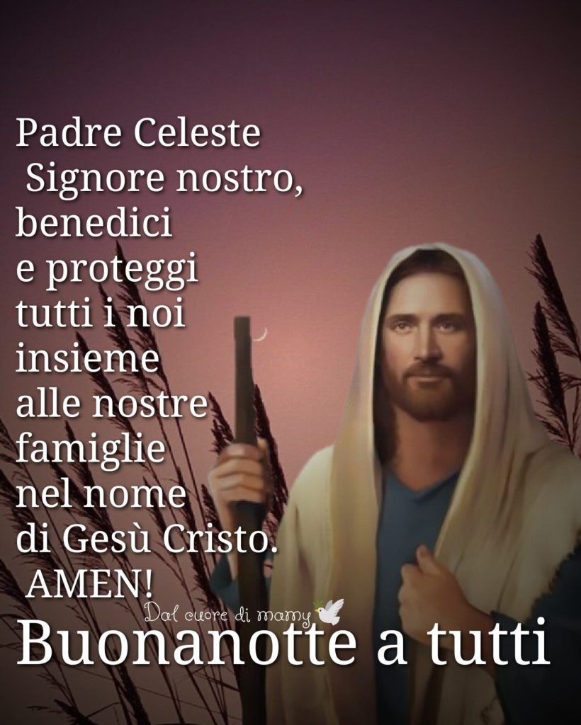 Padre Celeste, Signore nostro, benedici e proteggi tutti noi insieme alle nostre famiglie, nel nome di Gesù Cristo. Amen! Buonanotte a tutti