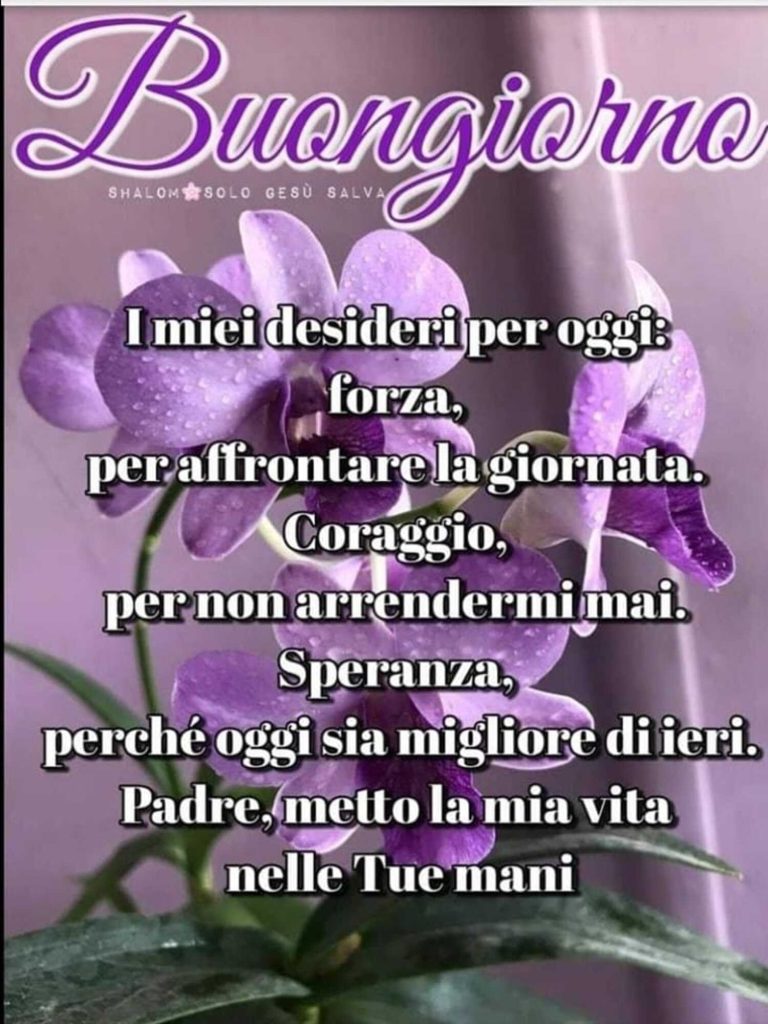 Buongiorno. I miei desideri per oggi: forza, per affrontare la giornata, coraggio per non arrendermi mai, speranza perché oggi sia migliore di ieri. Padre, metto la mia vita nelle Tue mani.