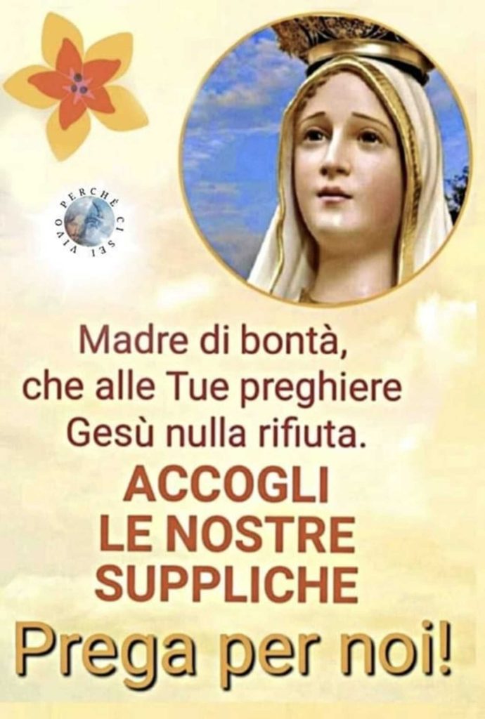 Madre di bontà, che alle Tue preghiere Gesù nulla rifiuta. ACCOGLI LE NOSTRE SUPPLICHE! Prega per noi!