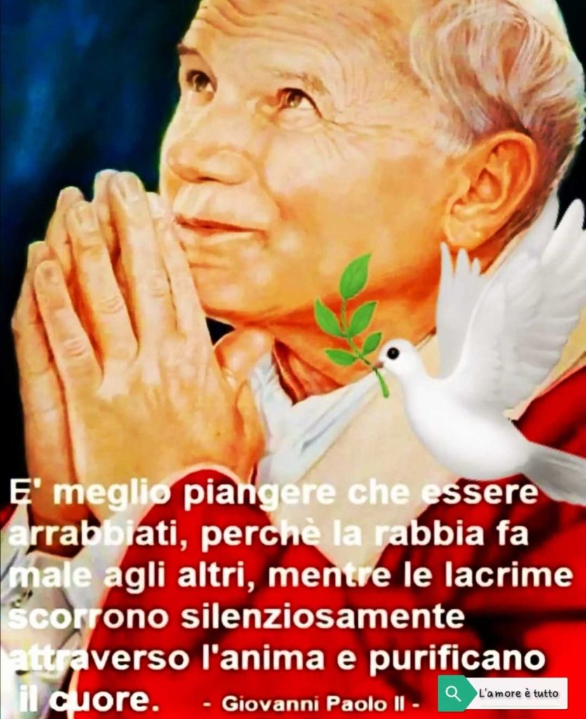 E' meglio piangere che essere arrabbiati, perché la rabbia fa male agli altri, mentre le lacrime scorrono silenziosamente attraverso l'anima e purificano il cuore. - Giovanni Paolo II