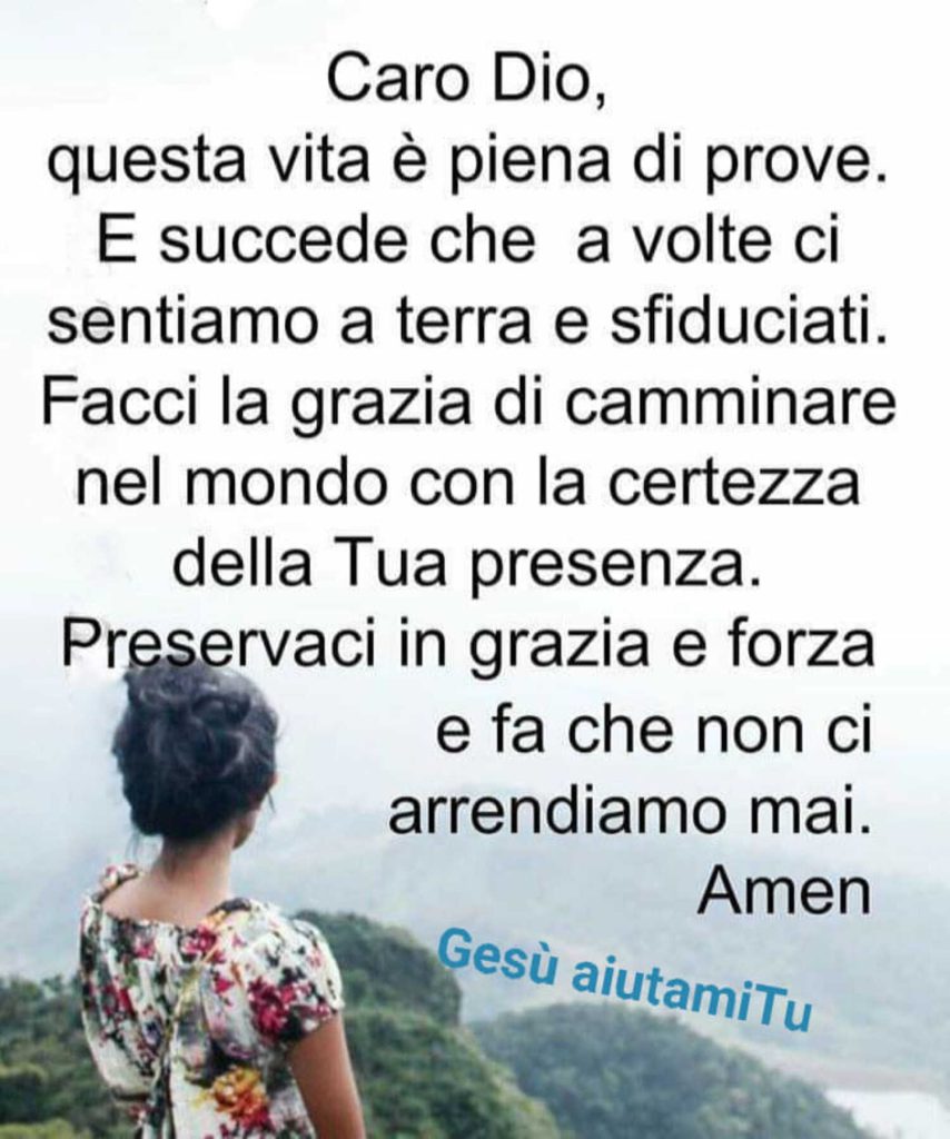 Caro Dio, questa vita è piena di prove. E succede che a volte ci sentiamo a terra e sfiduciati. Facci la grazia di camminare nel mondo con la certezza della Tua presenza. Preservaci in grazia e forza e fa che non ci arrendiamo mai. Amen