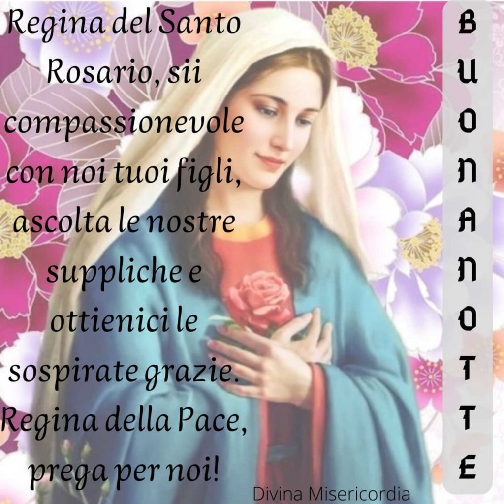 Buonanotte. Regina del Santo Rosario, sii compassionevole con noi tuoi figli, ascolta le nostre suppliche e ottienici le sospirate grazie. Regina della Pace prega per noi! 🌸